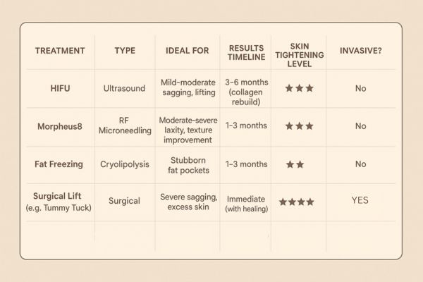 Table showing the comparisons of Skin tightening Greater London (Brent) treatment options. 